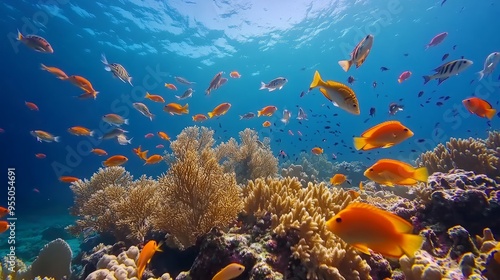 Vibrant underwater scene showcasing colorful fish and coral reefs.