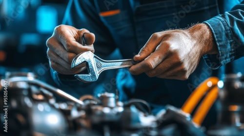 Obraz na płótnie Mechanical engineer's hand holding a wrench while working on a machine, demonstrating practical engineering work. w salonie