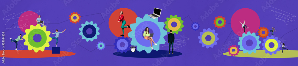 Composite panoramic collage of happy girls guys business partners gearwheel development freelancer company isolated on painted background Composite panoramic collage of happy girls guys business partners gearwheel development freelancer company isolated on painted background