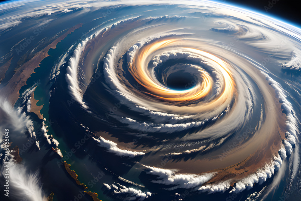 Fototapeta premium anticyclone over the planet, vortices in the sky, thick clouds, ecological, typhoon, tornado, natural disasters, weather season, earth in space, storm 