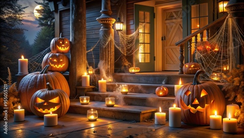 illuminated jack-o'-lanterns, glowing candles, and cobwebs adorn a porch, casting an eerie glow amidst a dark, autumnal nighttime landscape. photo