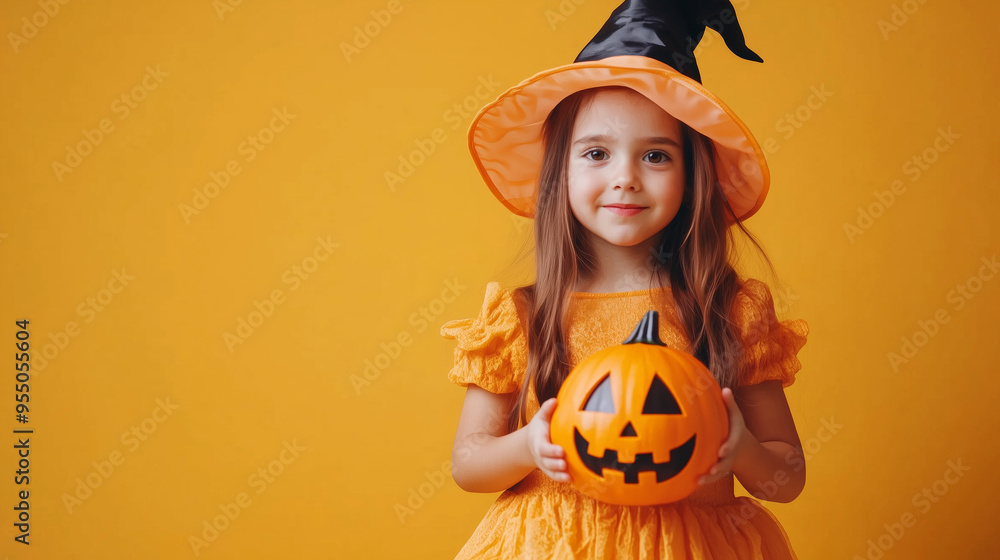 Fototapeta premium a child in an orange Halloween costume holds a pumpkin in his hands