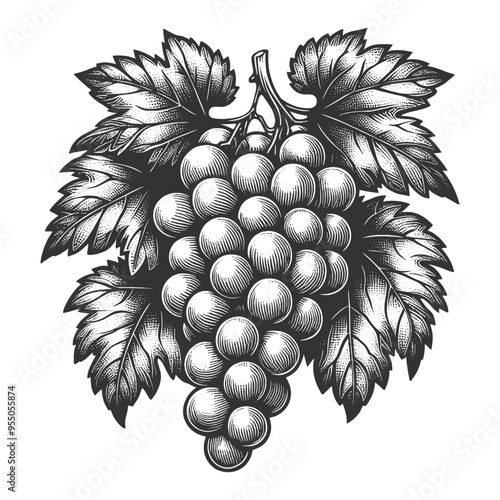 grape cluster hanging from a vine with detailed leaves, capturing a vintage botanical style sketch engraving generative ai vector illustration. Scratch board imitation. Black and white image.