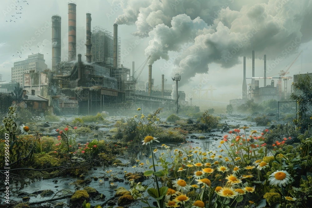Obraz premium Industrial Pollution Impacting Nature with Smoke Emissions and Wildflowers