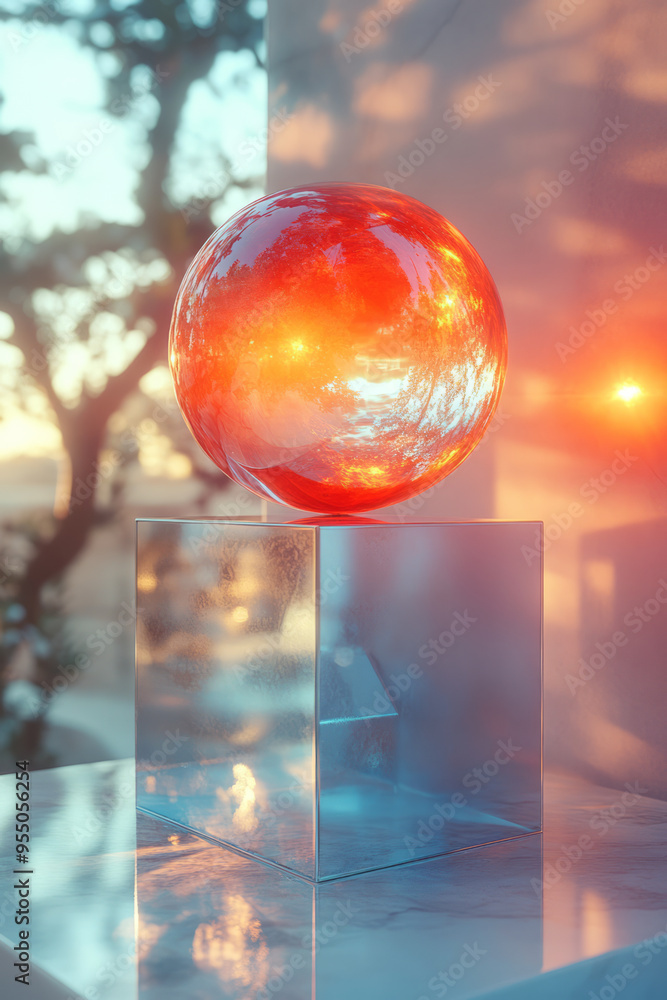 A glowing red cube casting reflections on a cluster of polished metallic spheres and sharp-edged pyramids, isolated on a pastel lavender background, A glowing red cube casting reflections on a cluster of polished metallic spheres and sharp-edged pyramids, isolated on a pastel lavender background,