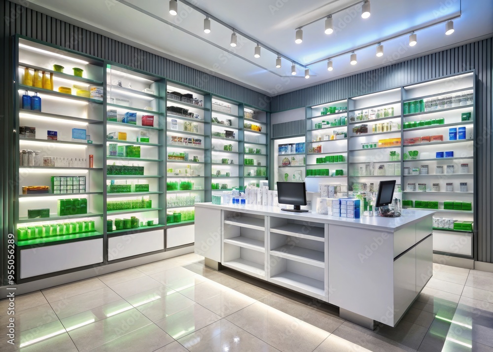 A modern pharmacy interior with shelves stocked with medication, healthcare products, and medical equipment, featuring a large counter and sleek digital signage. A modern pharmacy interior with shelves stocked with medication, healthcare products, and medical equipment, featuring a large counter and sleek digital signage.