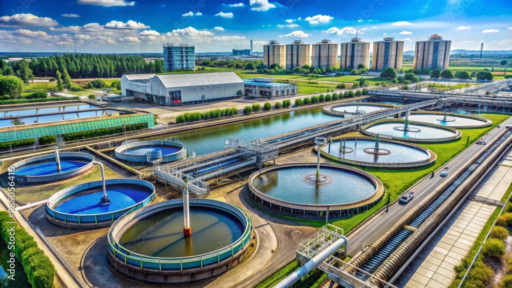 Fototapeta premium Industrial wastewater treatment facility with large tanks, pipes, and machinery, treating contaminated water and promoting environmental sustainability in a modern urban setting.