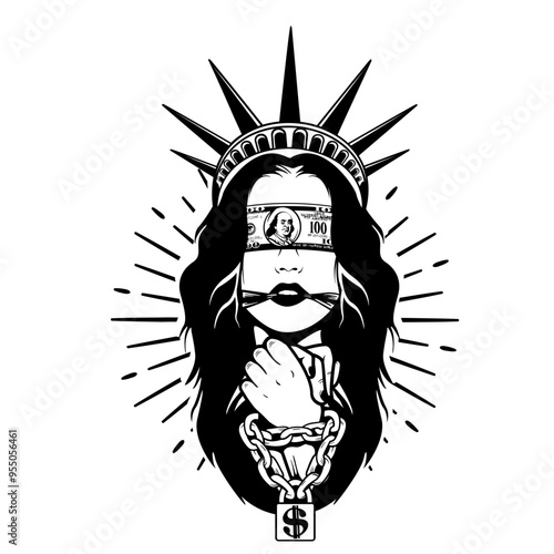 Liberty in Chain | Prisoned Liberty | 100 Dollar Bill | Tied Hands | Hostage Liberty | Money Blind Libert | Bling Justice | Chain | Original Illustration | Vector and Clipart | Cutfile and Stencil