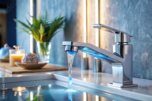 A modern, sleek faucet handle is delicately touched, activating a gentle flow of crystal-clear water in a serene, contemporary bathroom setting with subtle lighting. photo