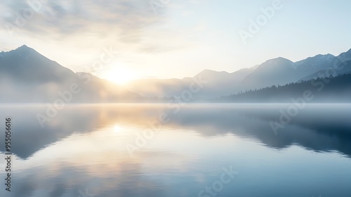 Breathtaking Misty Lake Sunrise Landscape with Majestic Mountains in the Distance