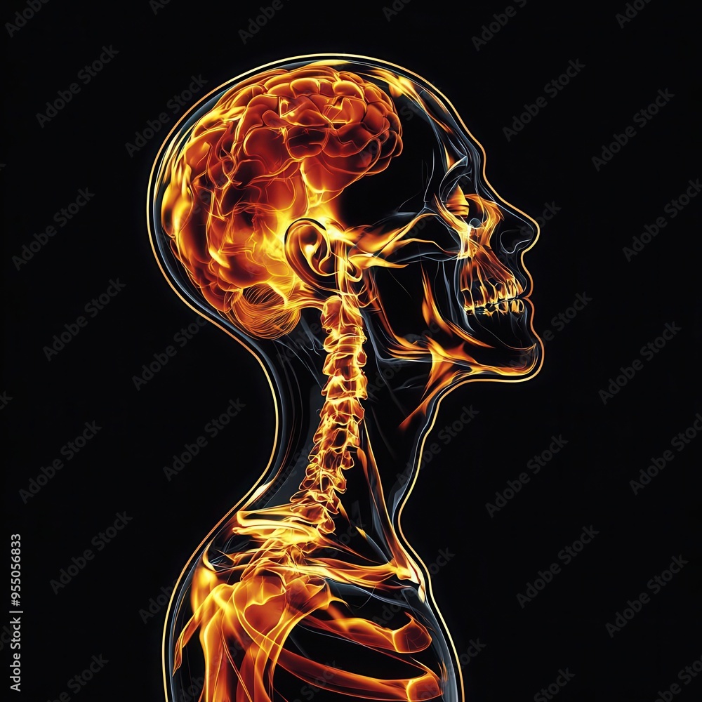 X-ray styled side profile image showing a glowing human skull and brain ...