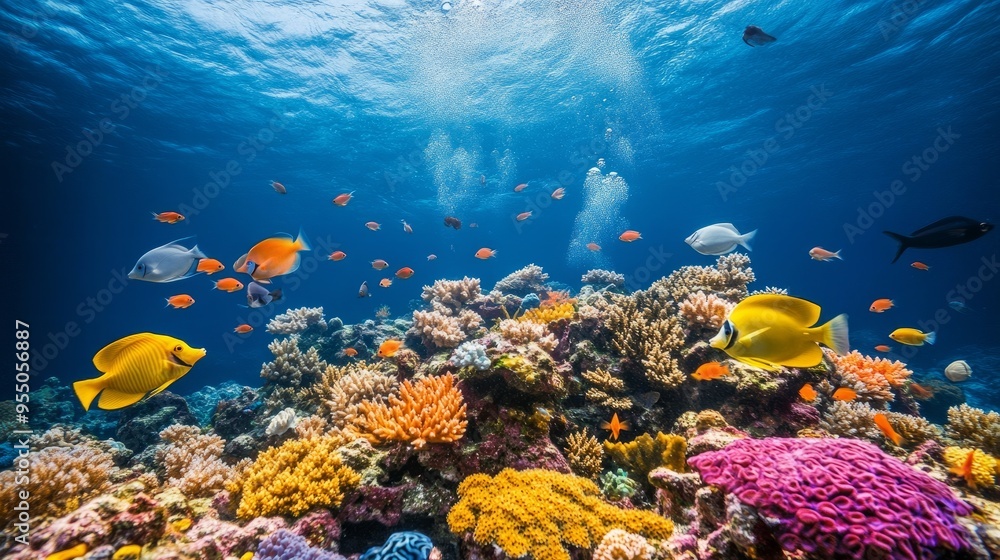 Vibrant underwater scene showcasing coral reefs and diverse marine life. Vibrant underwater scene showcasing coral reefs and diverse marine life.