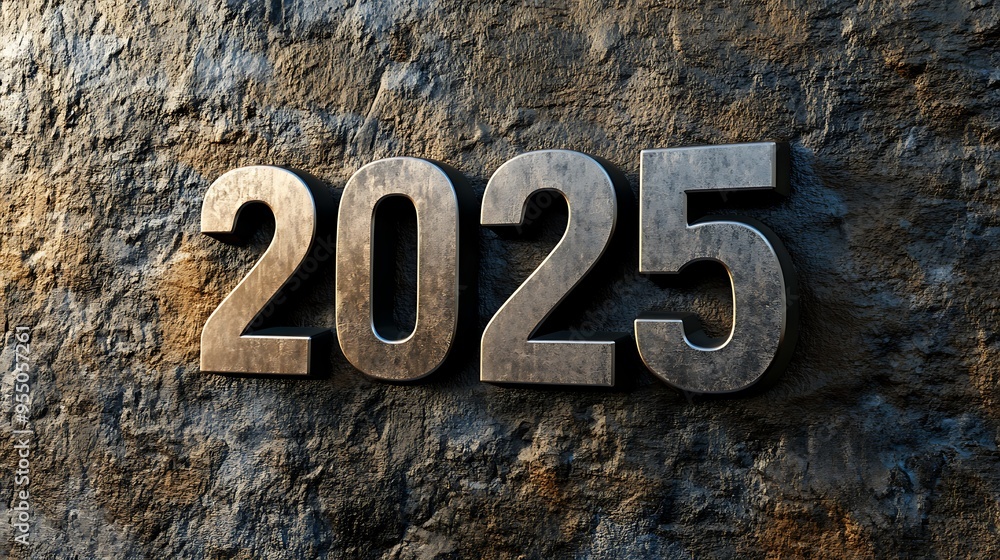 Futuristic Year 2025 in Brushed Metal on Textured Stone Background with Shadows Futuristic Year 2025 in Brushed Metal on Textured Stone Background with Shadows