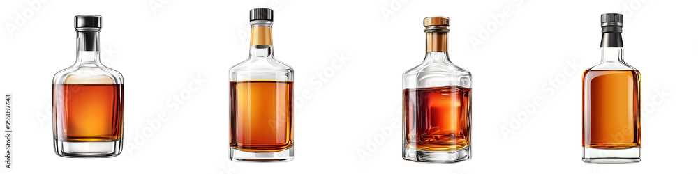A collection of elegant glass bottles filled with different shades of amber liquid, perfect for beverage or product display. A collection of elegant glass bottles filled with different shades of amber liquid, perfect for beverage or product display.
