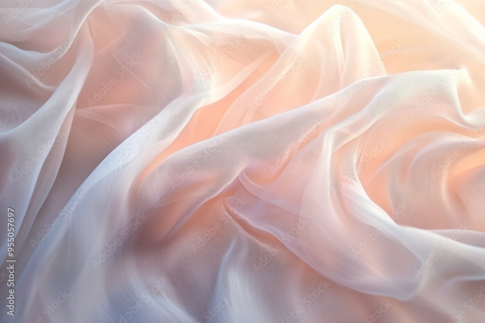 A glowing, translucent curtain of sheer fabric gently flowing against a backdrop of pale blush pink. A glowing, translucent curtain of sheer fabric gently flowing against a backdrop of pale blush pink.