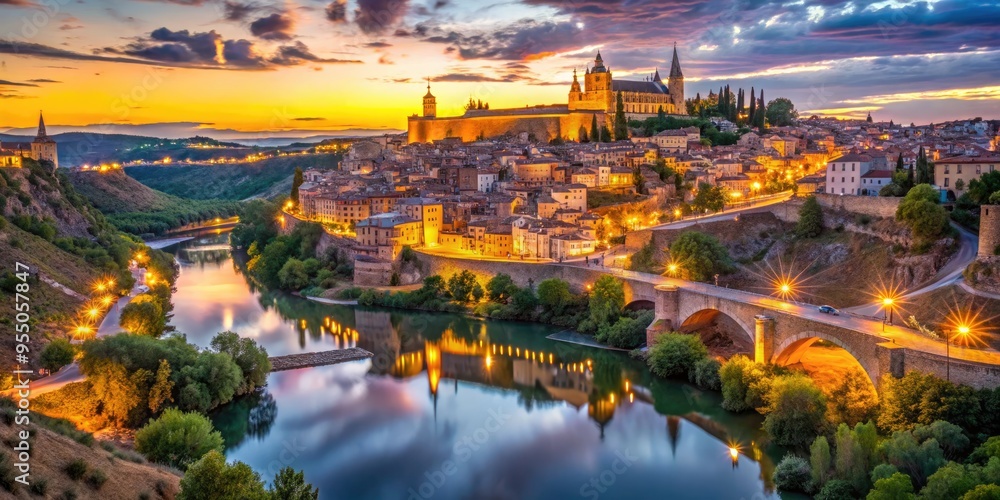 Ancient stone bridges, Moorish architecture, and twinkling canal lights reflect in the Tagus River at dusk in this vibrant panoramic view of historic Toledo, Spain.