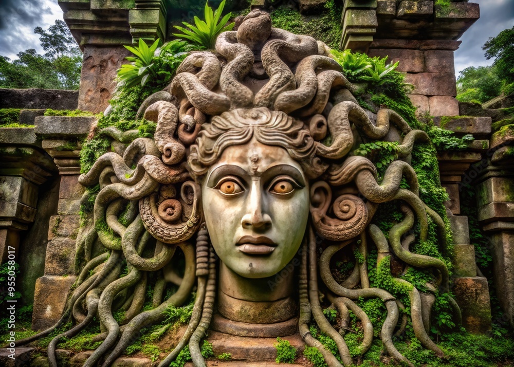 Ancient stone statue of a mythical Gorgon, its serpentine locks tangled, eyes fixed in a petrifying stare, surrounded by crumbling temple ruins and overgrown vegetation. Ancient stone statue of a mythical Gorgon, its serpentine locks tangled, eyes fixed in a petrifying stare, surrounded by crumbling temple ruins and overgrown vegetation.