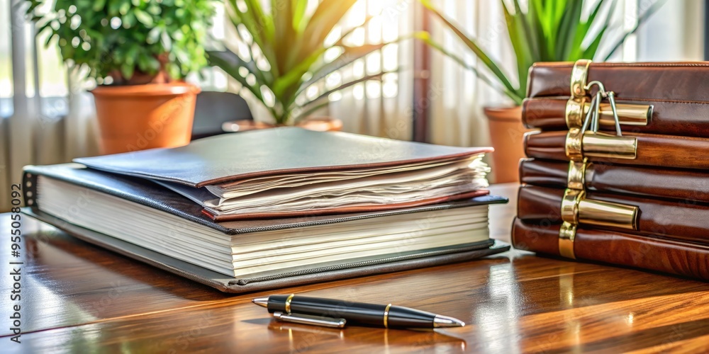 A neatly organized desk with a stack of official documents, pens, and a leather-bound binder, conveying a sense of professional legal documentation and planning. A neatly organized desk with a stack of official documents, pens, and a leather-bound binder, conveying a sense of professional legal documentation and planning.
