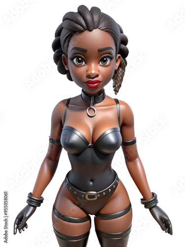 Smiling woman in a stylish black latex outfit and high heels, isolated on a white background