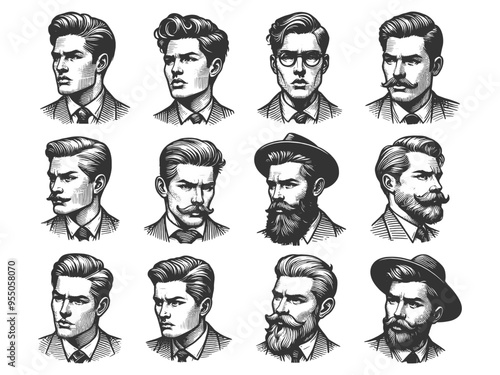 male portraits, different vintage hairstyles, beards, and mustaches sketch engraving generative ai fictional character vector illustration. Scratch board imitation. Black and white image.