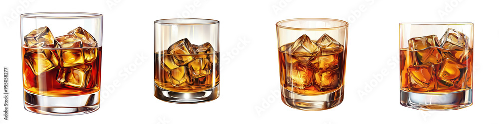 A collection of glasses filled with whiskey and ice, showcasing different styles and perspectives for beverage enthusiasts. A collection of glasses filled with whiskey and ice, showcasing different styles and perspectives for beverage enthusiasts.