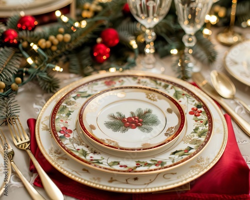 Elegant holiday dinner table set for Christmas, featuring a red and gold theme, sparkling lights, and seasonal greenery photo