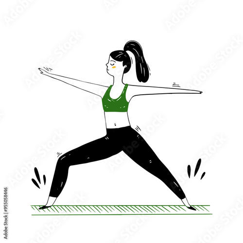 A woman practices a yoga pose on a mat surrounded by nature, combining sports and health. Vector illustration in doodle style on a white background