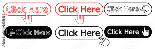 Collection of Click Here Button with pointer clicking. Click button. Action button click here with click cursor. Vector illustration isolated on white background.