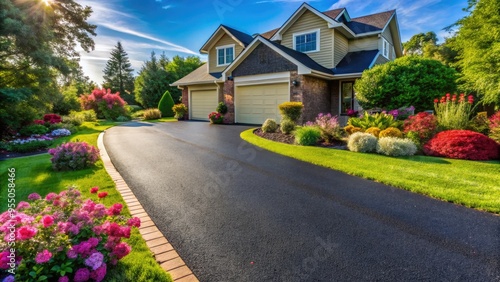 A newly sealed asphalt driveway glistens in the sunlight, freshly applied black coating surrounding a tidy suburban home with lush green lawn and colorful flowers.