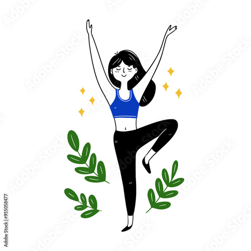 A woman practices a yoga pose on a mat surrounded by nature, combining sports and health. Vector illustration in doodle style on a white background