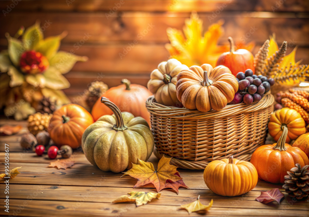 Autumn Harvest Still Life with Pumpkins, Leaves, and Basket Autumn Harvest Still Life with Pumpkins, Leaves, and Basket