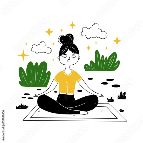 A woman practices a yoga pose on a mat surrounded by nature, combining sports and health. Vector illustration in doodle style on a white background