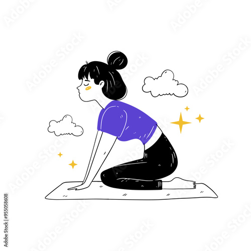A woman practices a yoga pose on a mat surrounded by nature, combining sports and health. Vector illustration in doodle style on a white background