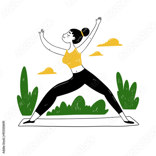 A woman practices a yoga pose on a mat surrounded by nature, combining sports and health. Vector illustration in doodle style on a white background