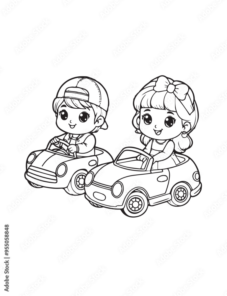 Illustration Coloring draw child playing boy and girl playing in mini car black and white version good for kids Illustration Coloring draw child playing boy and girl playing in mini car black and white version good for kids