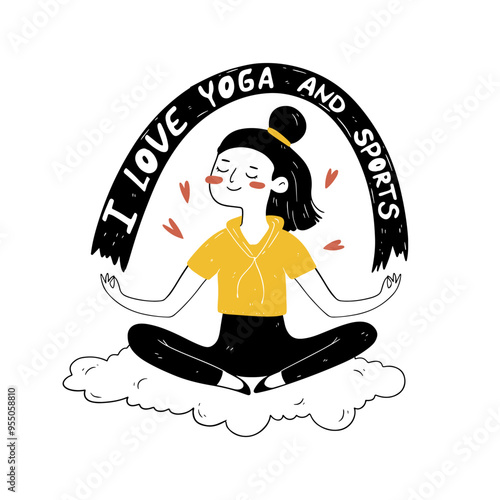 A woman practices a yoga pose on a mat surrounded by nature, combining sports and health. Vector illustration in doodle style on a white background