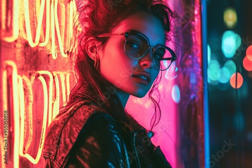 A half-body portrait of a person standing in front of a glowing neon sign, with the light casting intense colors onto their face and clothes.  photo