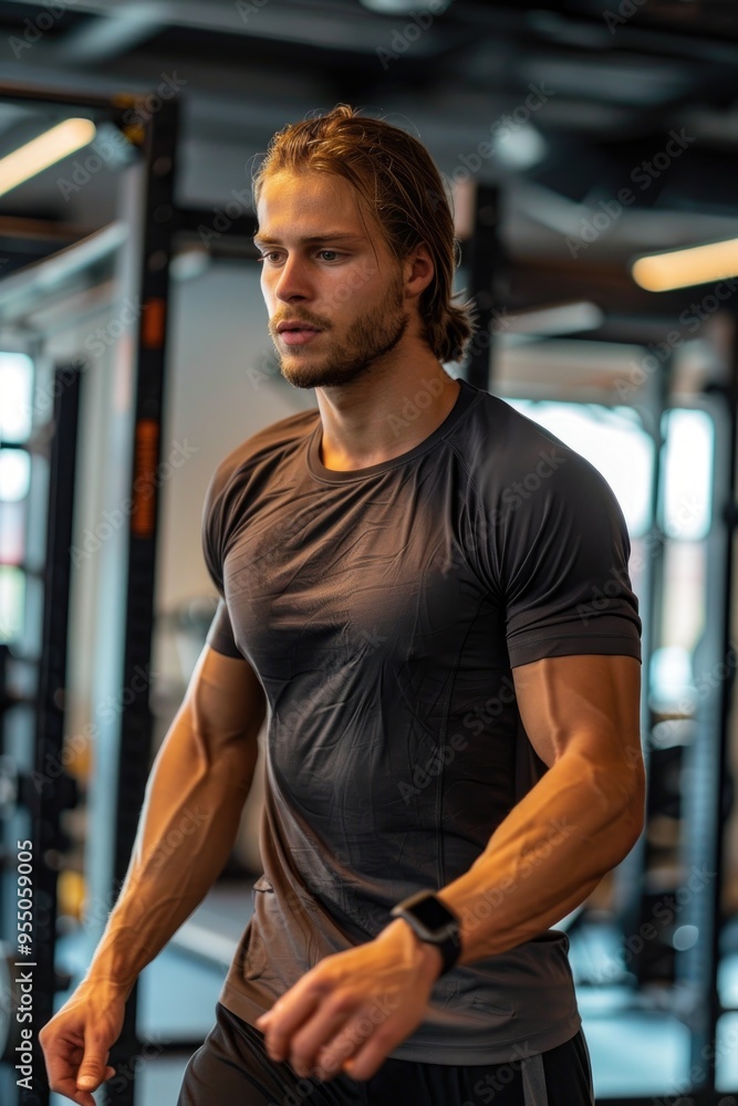 Muscular Man Working Out in Gym with Tattoos and Well-defined Abs Muscular Man Working Out in Gym with Tattoos and Well-defined Abs
