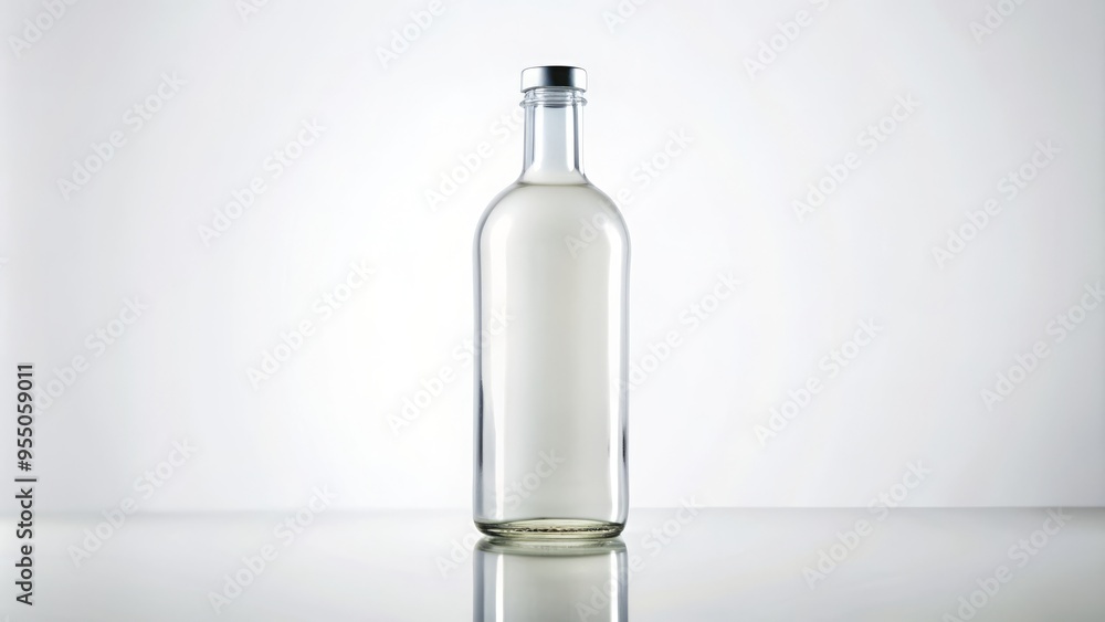 Isolated white glass bottle with a narrow neck and rounded body standing upright on a clean white background, elegantly lit to highlight its simplicity. Isolated white glass bottle with a narrow neck and rounded body standing upright on a clean white background, elegantly lit to highlight its simplicity.