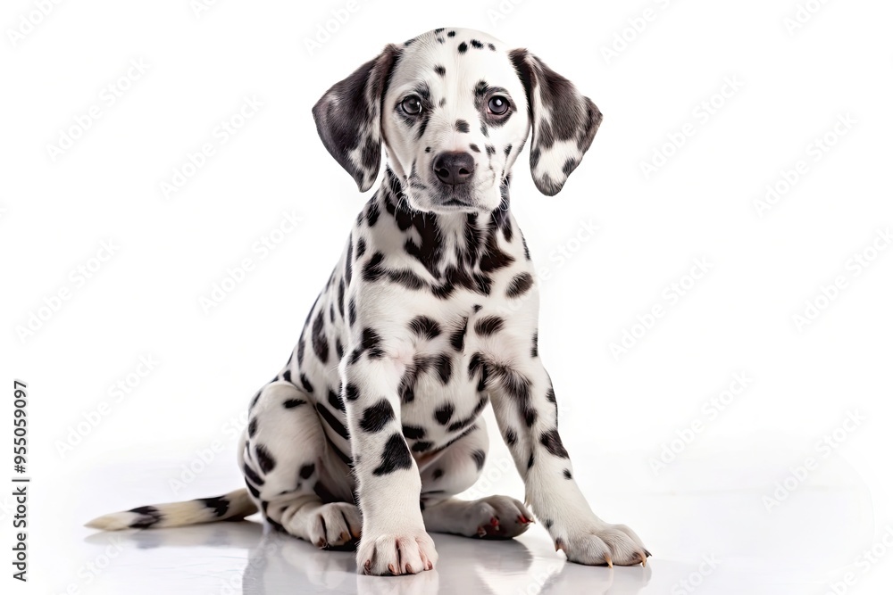 A playful dalmatian puppy with a unique spotting pattern sits on a white background, showcasing its adorable furry coat and sweet innocent expression. A playful dalmatian puppy with a unique spotting pattern sits on a white background, showcasing its adorable furry coat and sweet innocent expression.
