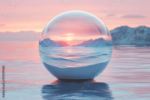 A glass dome filled with a miniature, upside-down ocean landscape, hovering just above the real oceanâ€™s horizon, isolated on a pastel pink background, photo