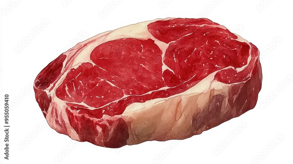 Watercolor Painting of a Raw Rib Eye Steak