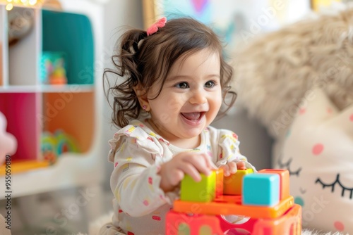 Joyful Toddler Playing with Colorful Blocks in a Cozy Nursery Setting - Design for Print, Card, Poster