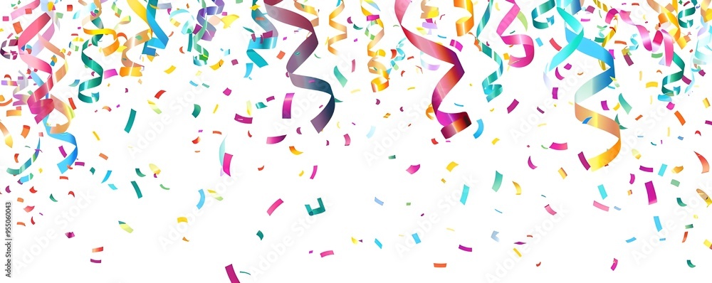 The background is white, with colorful confetti falling from the upper left corner to below. The background is white, with colorful confetti falling from the upper left corner to below.