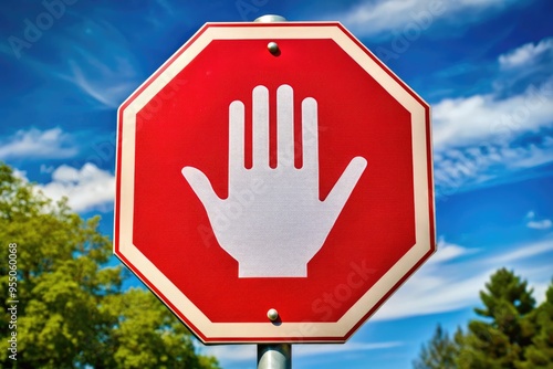 A Red Octagon Stop Sign With A Bold White Hand Gesture Symbolizing The Concept Of Prohibition And Prevention. photo