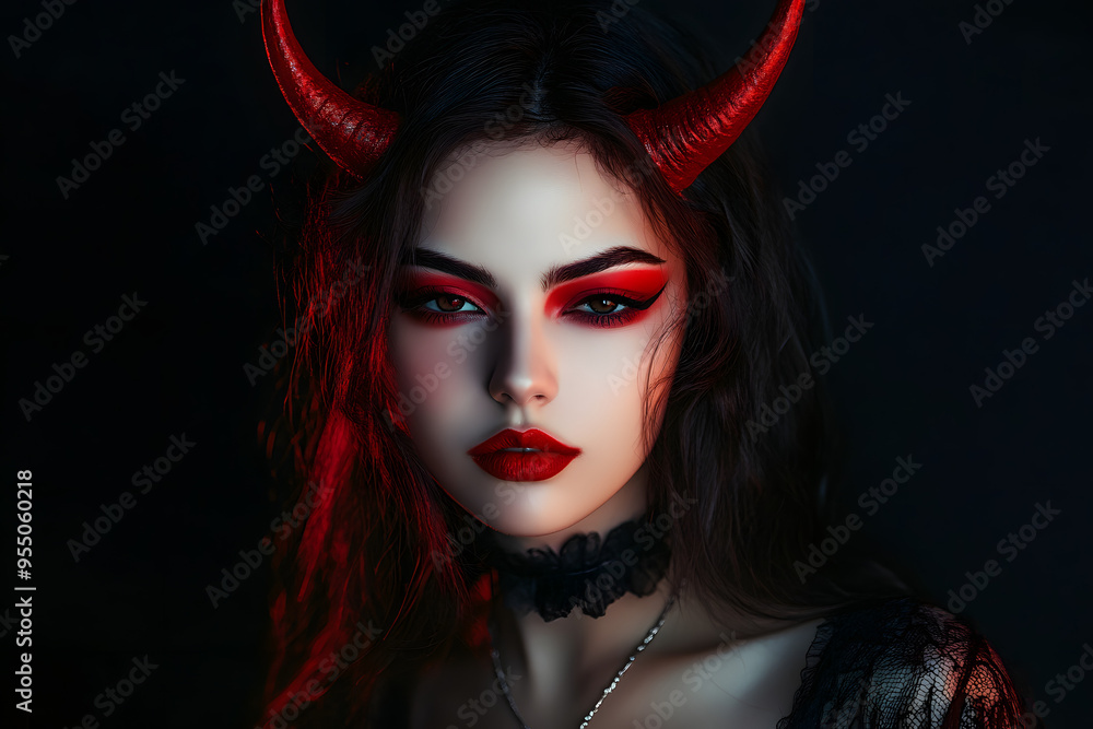 Woman with Devil Horns and Red Makeup Against Black Background Woman with Devil Horns and Red Makeup Against Black Background