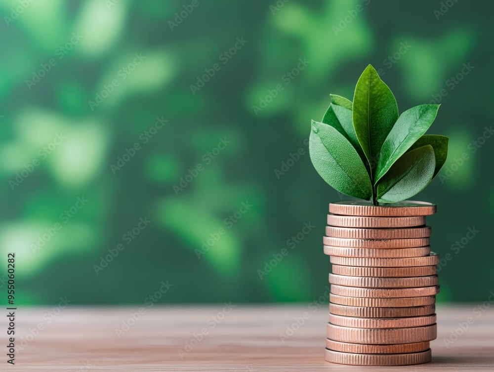 green growth and financial success a stack of coins with growing plant on a wooden table against a blurred green background. green growth and financial success a stack of coins with growing plant on a wooden table against a blurred green background.