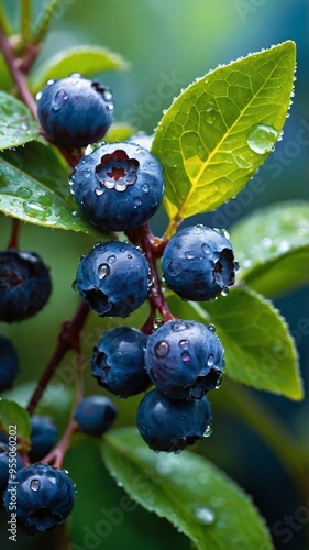 Bunches of ripe blueberries with shiny dew, leaves in the background.