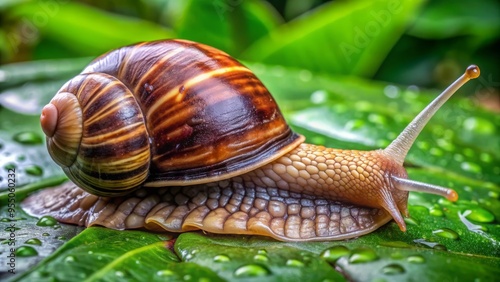 Large, sluggish giant African land snail with brown, patterned shell crawls slowly on verdant green leaves, showcasing its slimy foot and antennae-like tentacles.