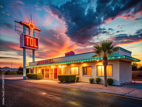A retro-style motel with a neon sign and vintage decor stands alone on a deserted highway, evoking a sense of nostalgia and American roadside culture.